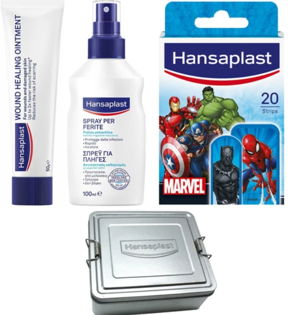 Σετ Hansaplast Wound Healing Ointment Cream 50g & Wound Protection Spray 100ml & Marvel Avengers Plaster Strips 20 Τεμάχια & Δώρο Routine Box 1 Τεμάχιο