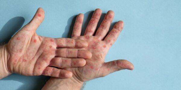 Male hands with Monkeypox rash. Patient with MonkeyPox viral disease.