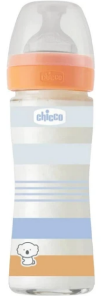 Chicco Well-Being Boy Γυάλινο Μπιμπερό με Θηλή Αργής Ροής Πορτοκαλί - Μπλε 0m+, 240ml