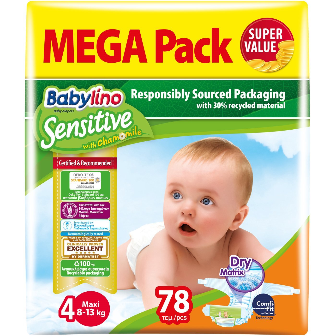 Babylino Sensitive Mega Pack Maxi Νο4 (8-13kg) Βρεφικές Πάνες Υψηλής Απορροφητικότητας για Άνεση & Ασφάλεια Κάθε Μέρα 78 Τεμάχια