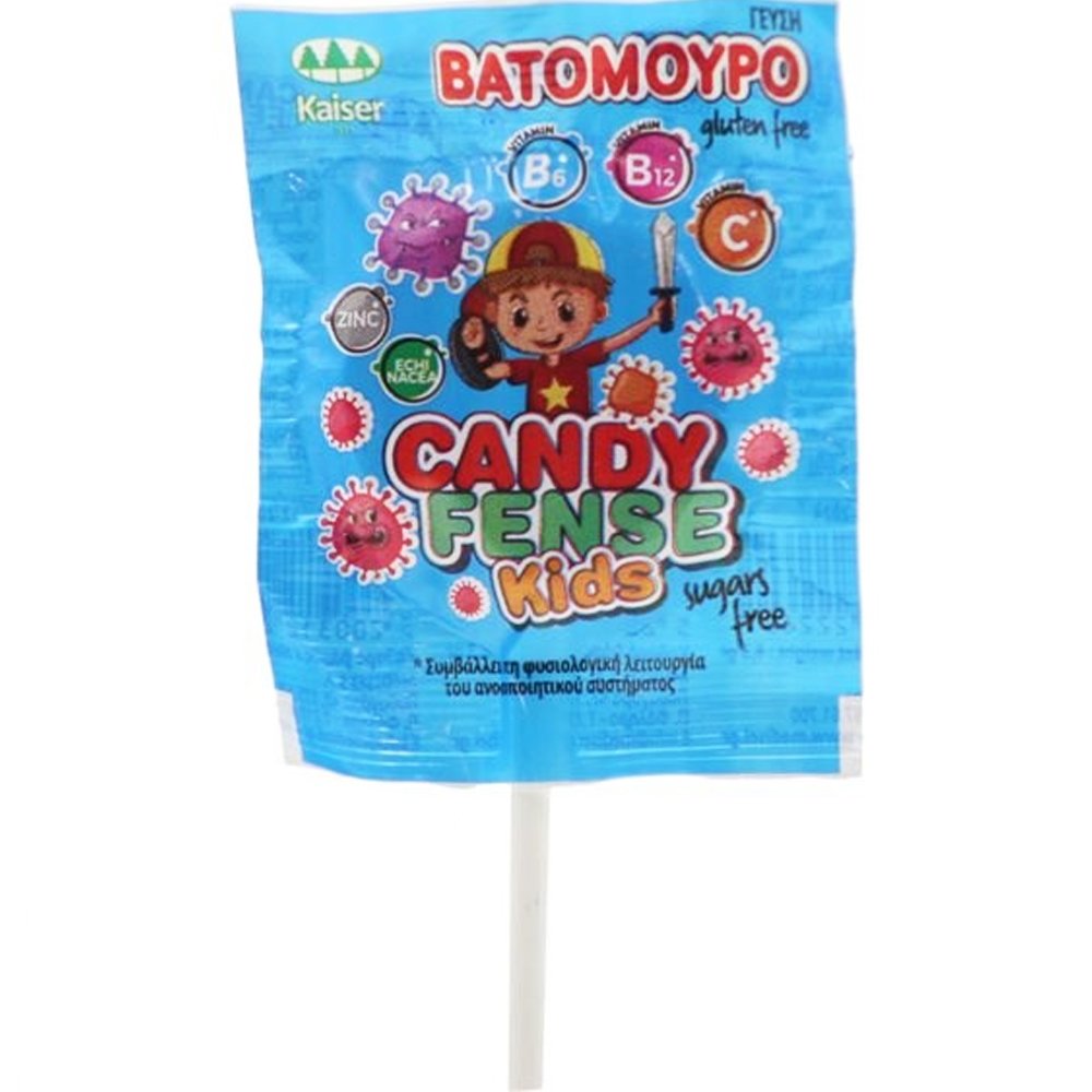 Kaiser Kaiser Candyfense Kids Lollipop with Vitamins Γλειφιτζούρι Εμπλουτισμένο με Βιταμίνες & Πλούσια Γεύση 1 Τεμάχιο - Βατόμουρο