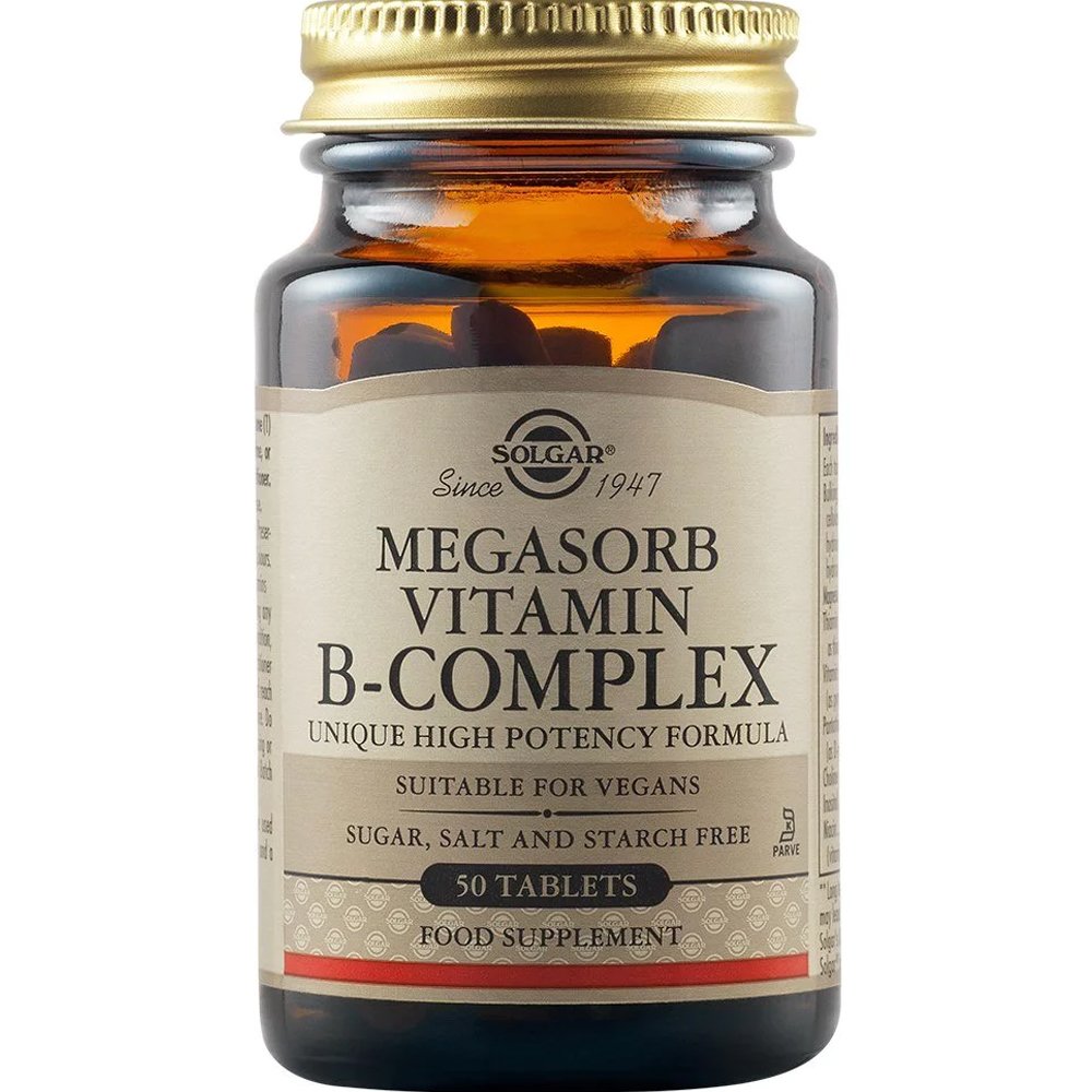 Solgar Megasorb Vitamin B50 Complex Συμπλήρωμα Διατροφής Συμπλέγματος Βιταμινών Β σε Ελεύθερη Μορφή για Βέλτιστη Απορρόφηση για την Καλή Λειτουργία του Νευρικού Συστήματος & Ενέργεια 50tabs