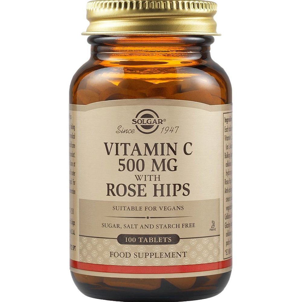 Solgar Vitamin C 500mg, with Rose Hips Συμπλήρωμα Διατροφής Βιταμίνης C με Σκόνη Καρπών Αγριοτριανταφυλλιάς για την Ενίσχυση του Ανοσοποιητικού 100tabs