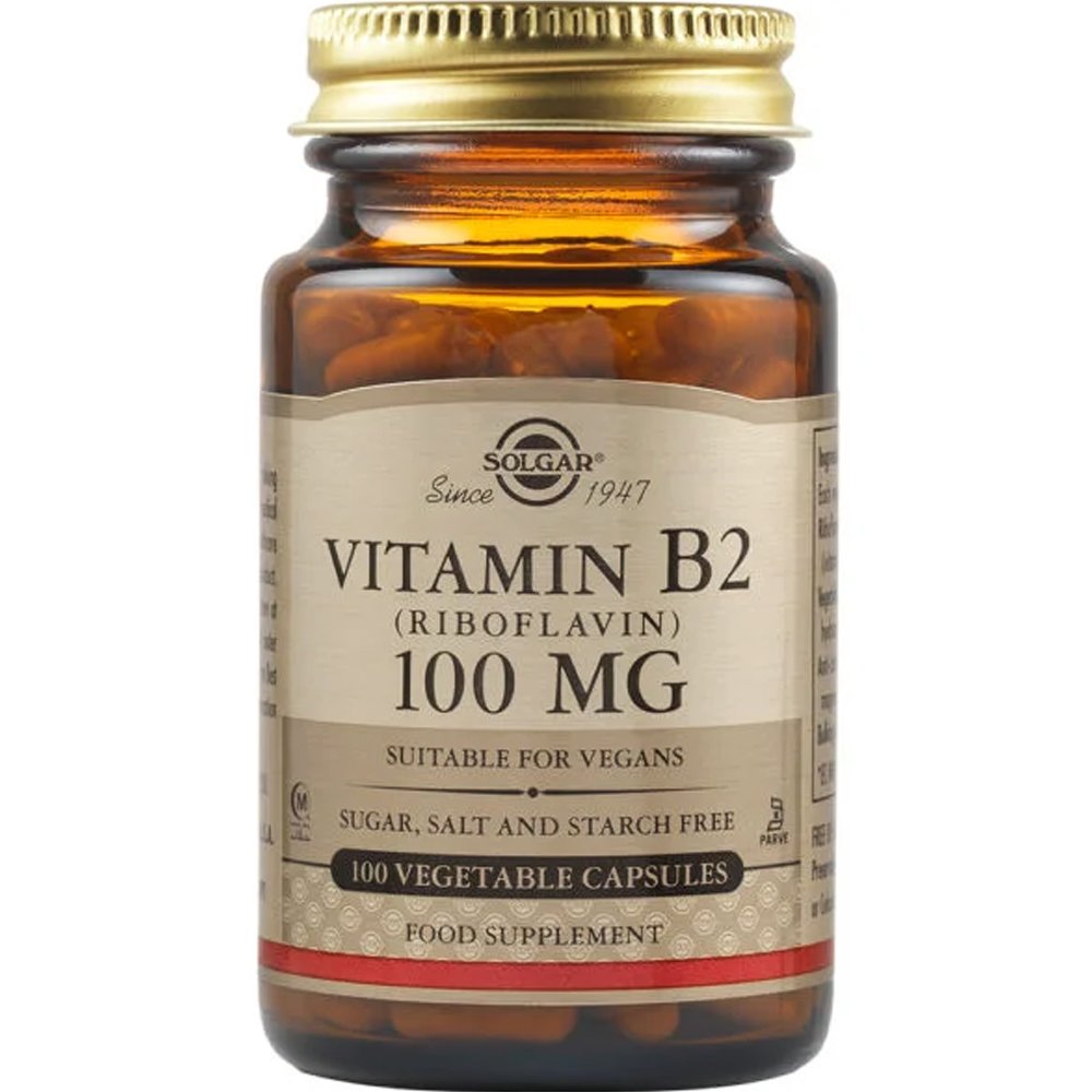 Solgar Solgar Vitamin B2 (Riboflavin) 100mg Συμπλήρωμα Διατροφής Βιταμίνης Β2 (Ριβοφλαβίνης) για την Καλή Λειτουργία του Νευρικού Συστήματος & τη Μείωση της Κόπωσης 100veg.caps