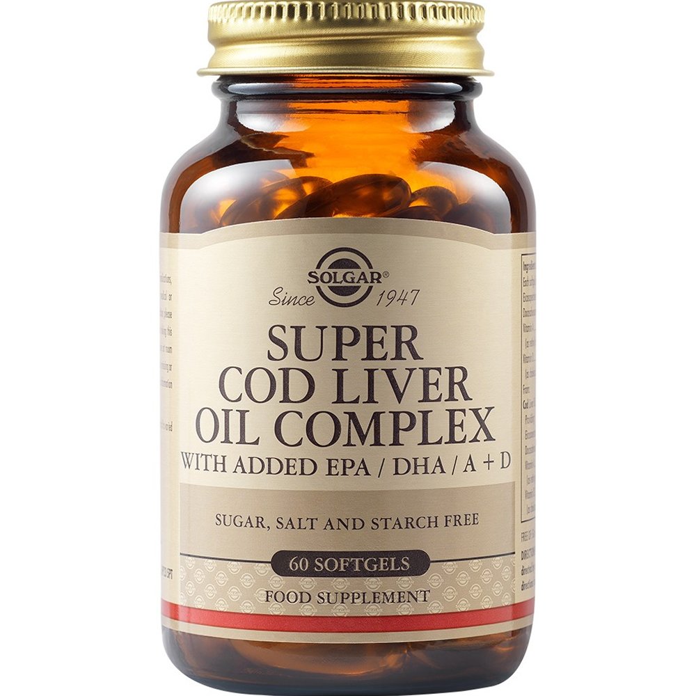 Solgar Super Cod Liver Oil Complex Συμπλήρωμα Διατροφής Συμπυκνωμένου Μουρουνέλαιου Πλούσιο σε Ωμέγα 3 Λιπαρά Οξέα με Προσθήκη Βιταμίνης Α & D για τη Σωστή Λειτουργία της Καρδιάς & του Εγκεφάλου 60 Softgels