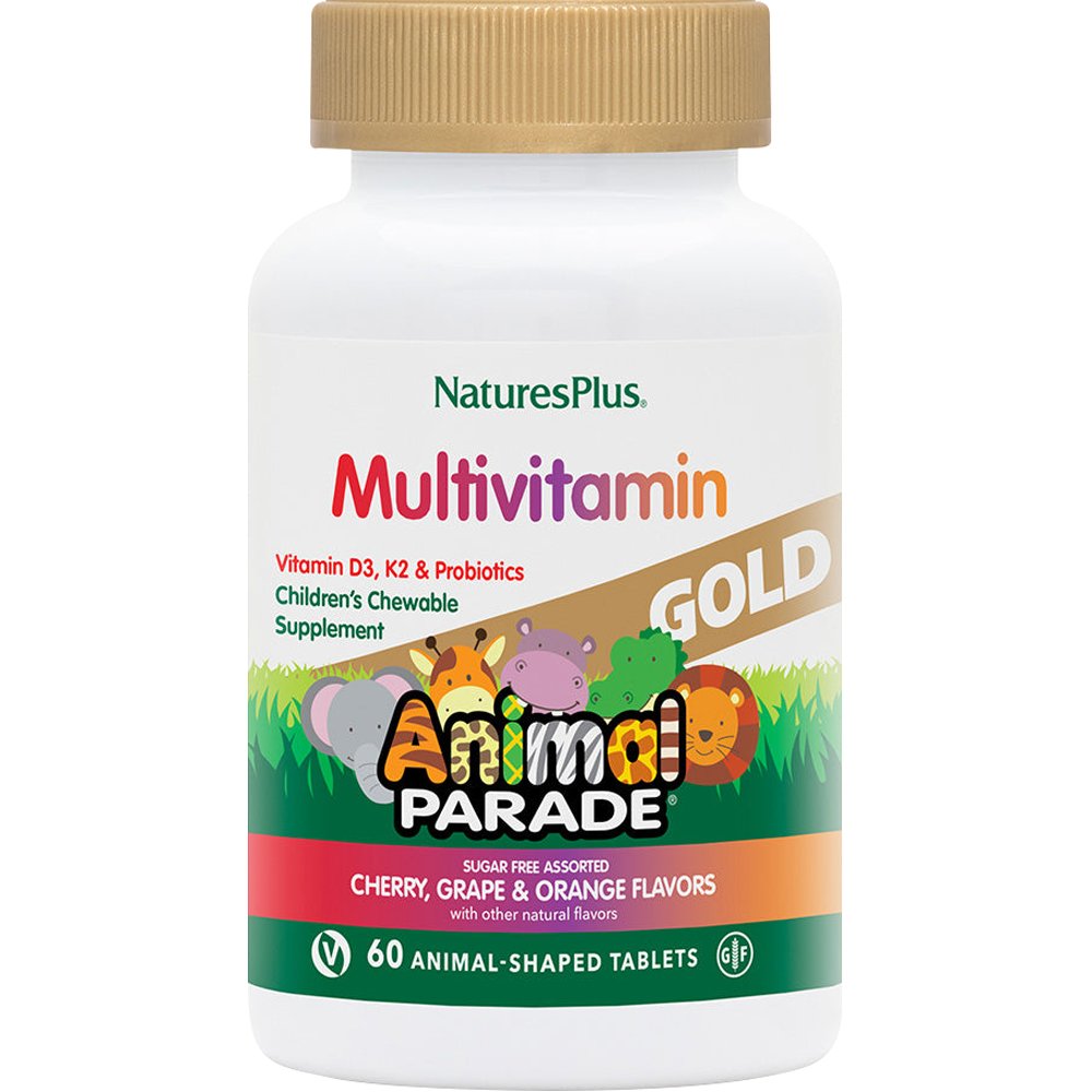 Natures Plus Natures Plus Animal Parade Gold Multivitamin Cherry, Grape & Orange Συμπλήρωμα Διατροφής Πολυβιταμινών, Μετάλλων & Εκχυλισμάτων Φυτών για Ενίσχυση Ανοσοποιητικού Ενέργεια & Σωστή Ανάπτυξη των Παιδιών με Γεύση Κεράσι, Σταφύλι & Πορτοκάλι 60 Chew.tabs