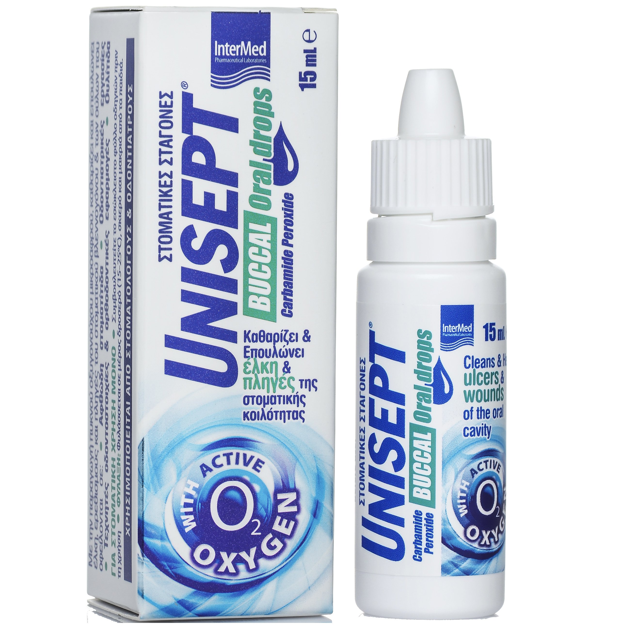 InterMed Intermed Unisept Buccal (Oromucosal) Drops Σταγόνες Στόματος για Καθαρισμό, Επούλωση & Ανακούφιση Ελκών & Πληγών 15 ml