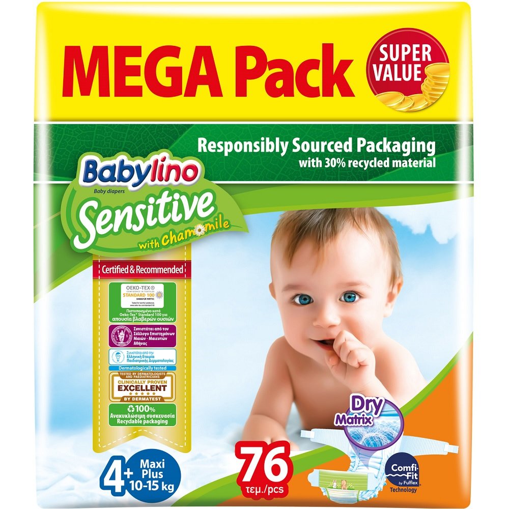 Babylino Babylino Sensitive Maxi Plus Νο4+ (10-15kg) Mega Pack Βρεφικές Πάνες 76 τεμάχια