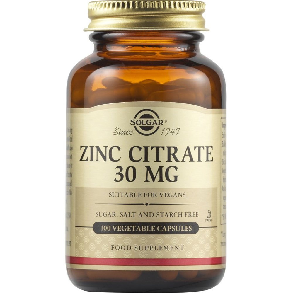 Solgar Solgar Zinc Citrate 30mg Συμπλήρωμα Διατροφής με Κιτρικό Ψευδάργυρο Υψηλής Απορροφησιμότητας για την Καλή Λειτουργία του Ανοσοποιητικού & Υγιή Μαλλιά, Νύχια & Δόντια 100veg.caps