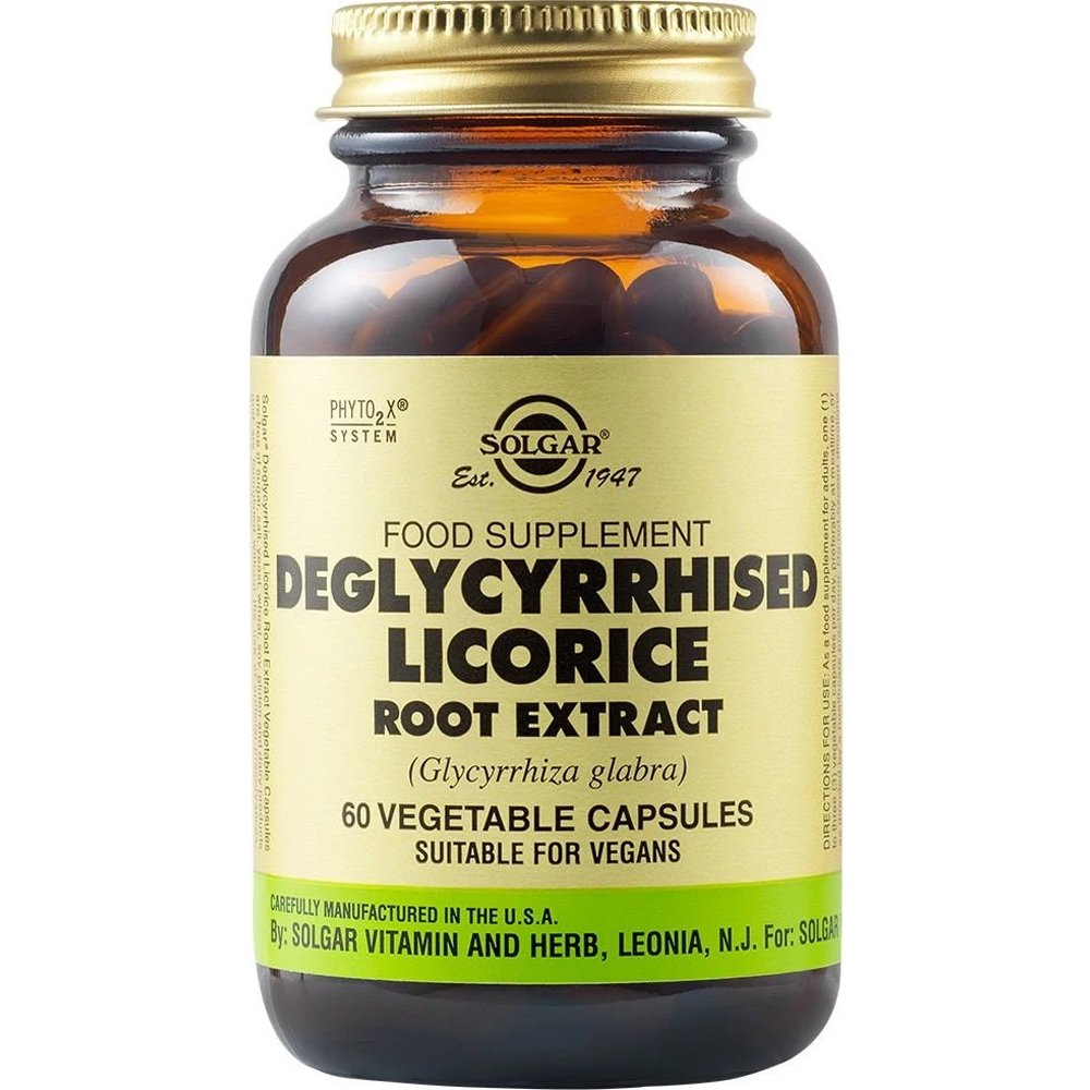 Solgar Solgar Deglycyrrhised Licorice Root Extract Συμπλήρωμα Διατροφής Εκχυλίσματος Ρίζας Γλυκόριζας για την Υποστήριξη της Πέψης & Ενίσχυση της Λειτουργίας του Στομάχου & Εντέρου 60veg.caps