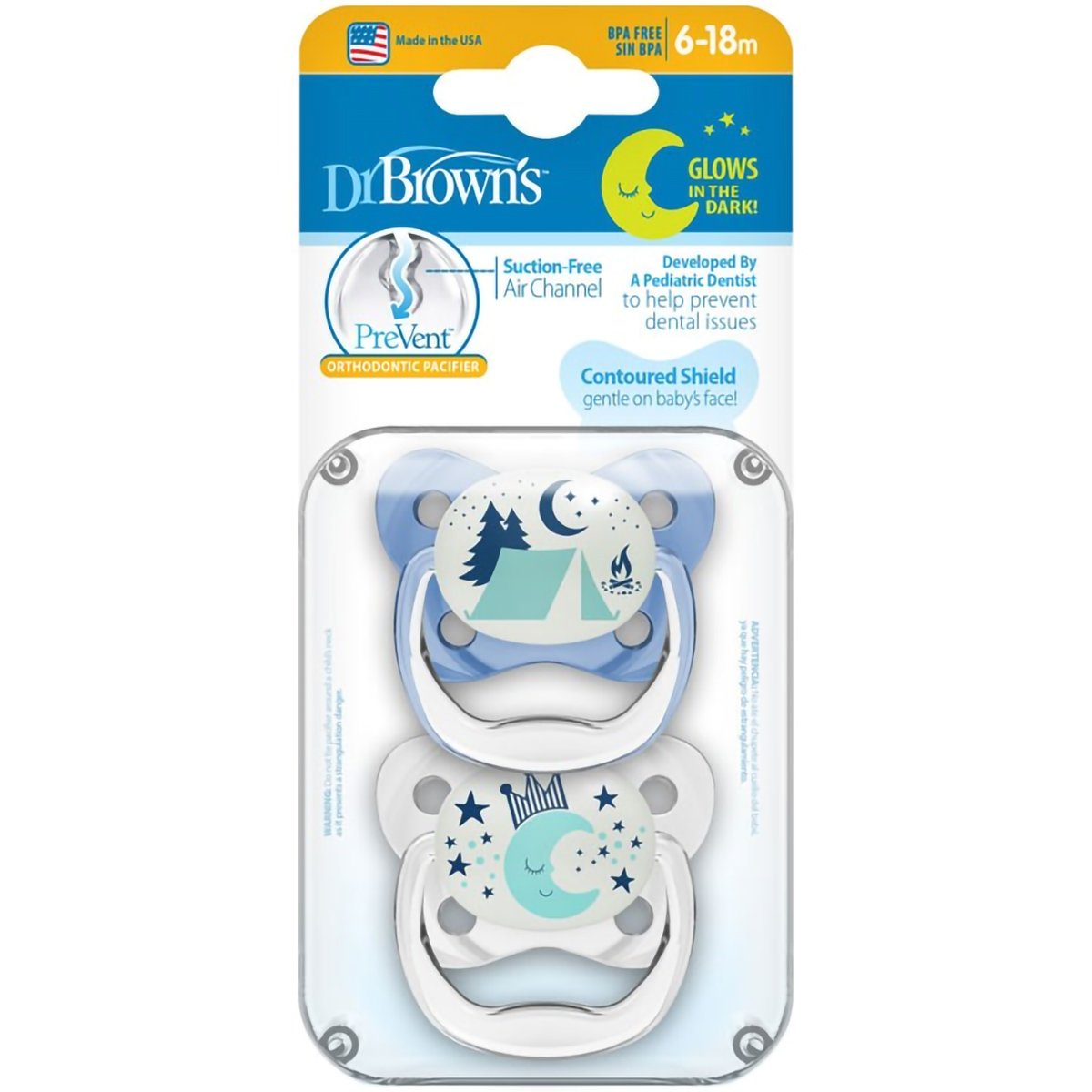 Dr.Brown Dr. Brown’s PreVent Glow in the Dark Orthodontic Silicone Soother Ορθοδοντική Πιπίλα Σιλικόνης που Λάμπει στο Σκοτάδι 2 Τεμάχια - Μπλε / Διάφανο