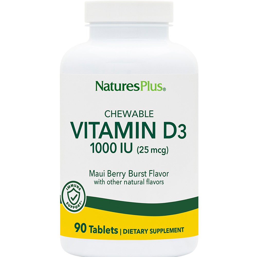 Natures Plus Natures Plus Vitamin D3 1000IU Συμπλήρωμα Διατροφής Βιταμίνης D3 για την Καλή Λειτουργία των Οστών & Ανοσοποιητικού με Γεύση Μούρων  90 Chew.tabs