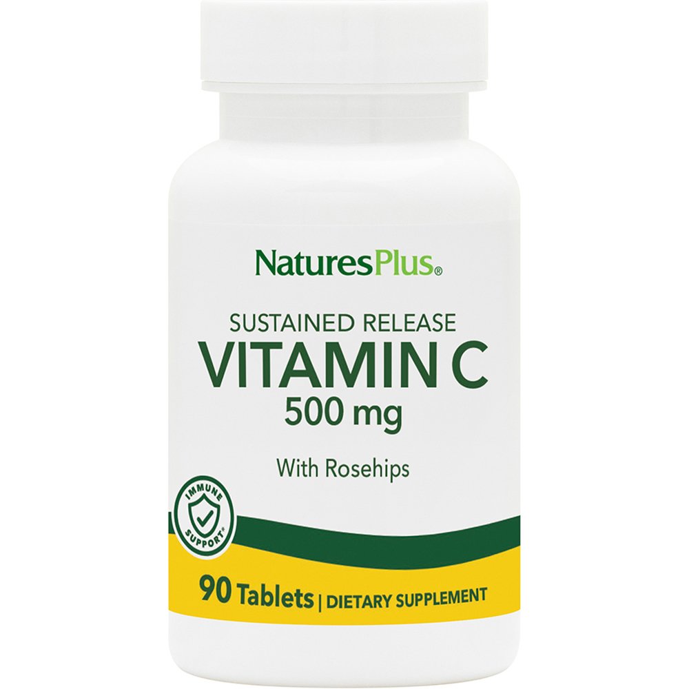 Natures Plus Natures Plus Vitamic C 500mg Συμπλήρωμα Διατροφής Βιταμίνης C με Εκχύλισμα Καρπών Αγριοτριανταφυλλιάς Παρατεταμένης Αποδέσμευσης για τη Φυσιολογική Λειτουργία του Ανοσοποιητικού Συστήματος & Αντιοξειδωτική Δράση 90tabs