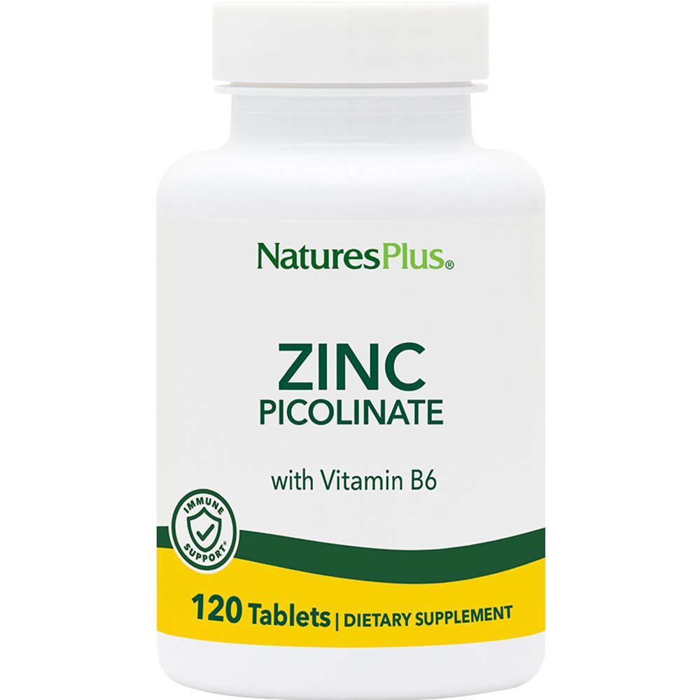 Natures Plus Natures Plus Zinc Picolinate with Vitamin B6 Συμπλήρωμα Διατροφής με Πικολινικό Ψευδάργυρο για Ενίσχυση του Ανοσοποιητικού Βελτίωση της Ανδρικής Γονιμότητας & Υγιή Μαλλιά, Νύχια & Δέρμα 120tabs