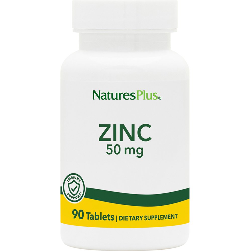 Natures Plus Natures Plus Zinc 50mg Συμπλήρωμα Διατροφής με Ψευδάργυρο για Ενίσχυση του Ανοσοποιητικού Βελτίωση της Ανδρικής Γονιμότητας & Υγιή Μαλλιά, Νύχια & Δέρμα 90tabs