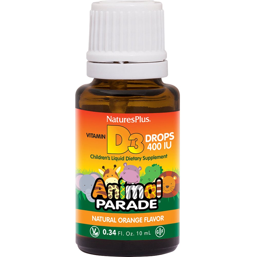 Natures Plus Natures Plus Animal Parade Vitamin D3 400IU Συμπλήρωμα Διατροφής Βιταμίνης D3 για την Καλή Υγεία των Οστών & Δοντιών, Ενίσχυση του Ανοσοποιητικού για Παιδιά σε Πόσιμο Υγρό με Γεύση Πορτοκάλι 10ml - Orange