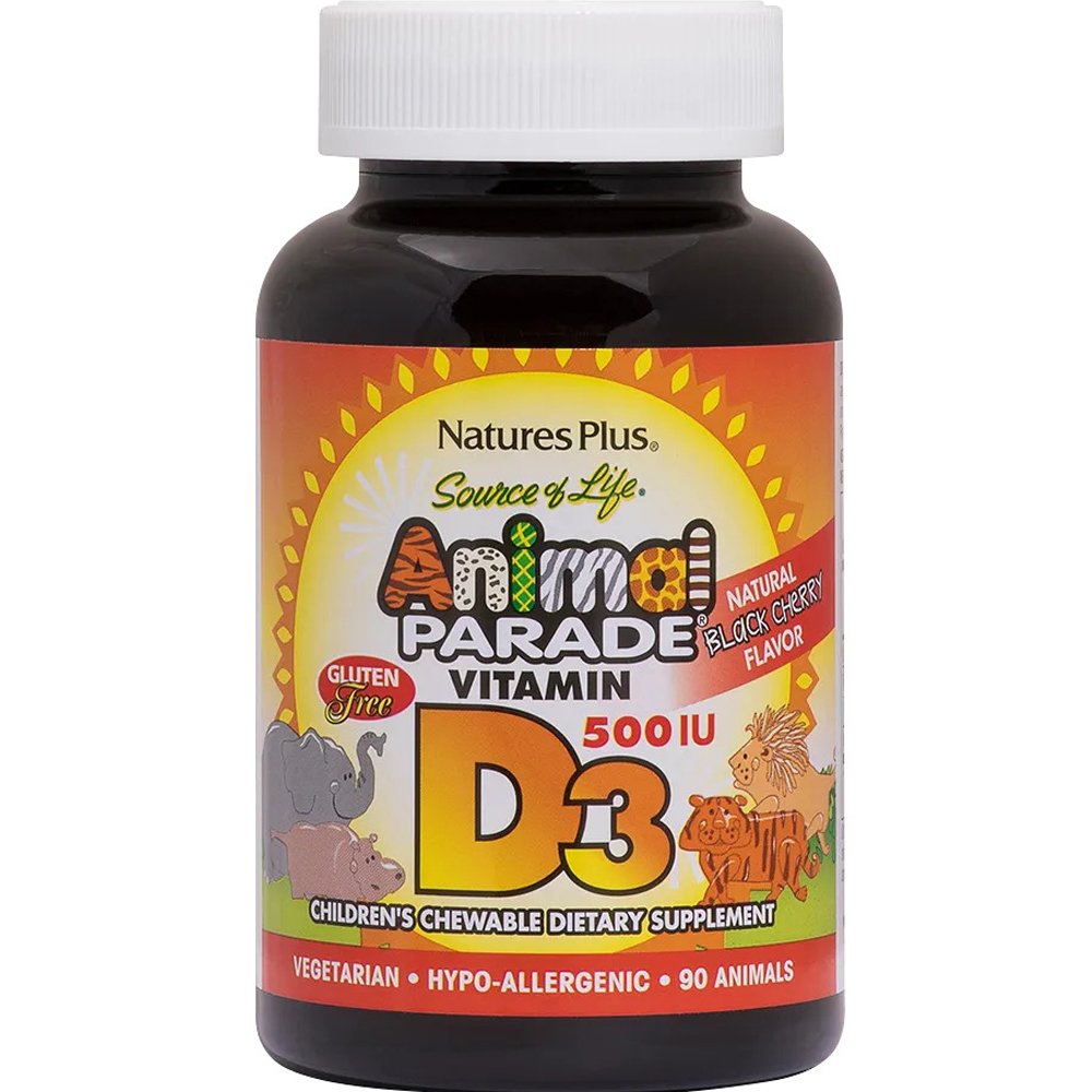 Natures Plus Natures Plus Animal Parade Vitamin D3 500IU Συμπλήρωμα Διατροφής Βιταμίνης D3 για την Καλή Λειτουργία των Οστών & Ανοσοποιητικού με Γεύση Μαύρο Κεράσι 90 Chew.tabs