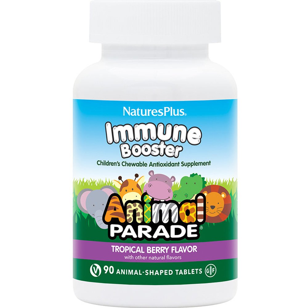 Natures Plus Natures Plus Animal Parade Kids Immune Booster Συμπλήρωμα Διατροφής για Παιδιά Βιταμινών, Εκχυλίσματος Βοτάνων & Προβιοτικών για Ενίσχυση του Ανοσοποιητικού & Αντιοξειδωτική Προστασία με Γεύση Τροπικά Φρούτα 90 Chew.tabs