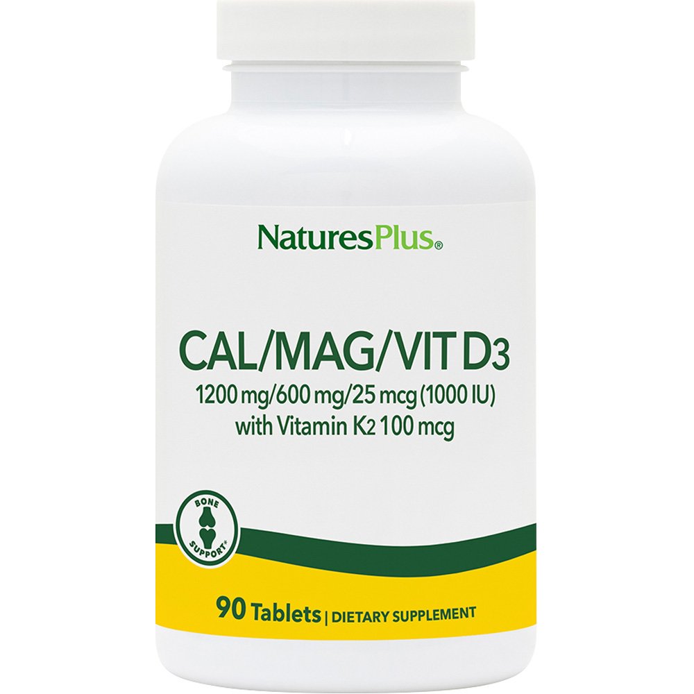 Natures Plus Natures Plus Cal 1200mg / Mag 600mg / Vit D3 25μg with Vitamin K2 100μg Συμπλήρωμα Διατροφής Ασβεστίου, Μαγνησίου, & Βιταμίνης D3 με Κ2 για την Καλή Υγεία των Οστών 90tabs