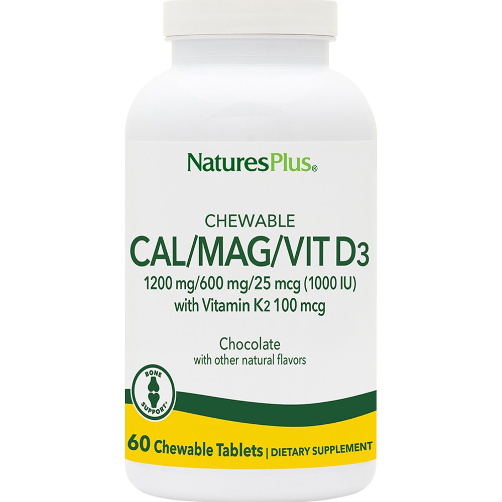 Natures Plus Natures Plus Cal 1200mg / Mag 600mg / Vit D3 25μg with Vitamin K2 100μg Συμπλήρωμα Διατροφής Ασβεστίου, Μαγνησίου, & Βιταμίνης D3 με Κ2 για την Καλή Υγεία των Οστών με Γεύση Σοκολάτα 60 Chew.tabs - Chocolate