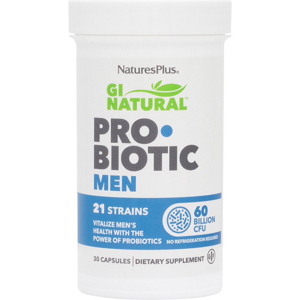 Natures Plus Natures Plus Gi Natural Probiotic Men Συμπλήρωμα Διατροφής Προβιοτικών, Πρεβιοτικών & Εκχυλίσματος Βοτάνου Σαο Παλμέτο Ειδικά Σχεδιασμένο για Άντρες για την Καλή Λειτουργία του Γαστρεντερικού Συστήματος & Εξισορρόπηση της Μικροβιακής Χλωρίδας 30caps