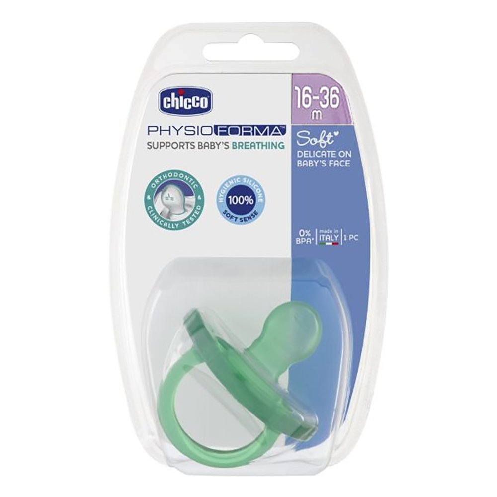 Chicco Silicone Soother Physio Forma Soft 16-36m Πιπίλα Σιλικόνης, Μαλακή Ακόμη & Κατά τη Διάρκεια του Ύπνου 1 Τεμάχιο - Πράσινο