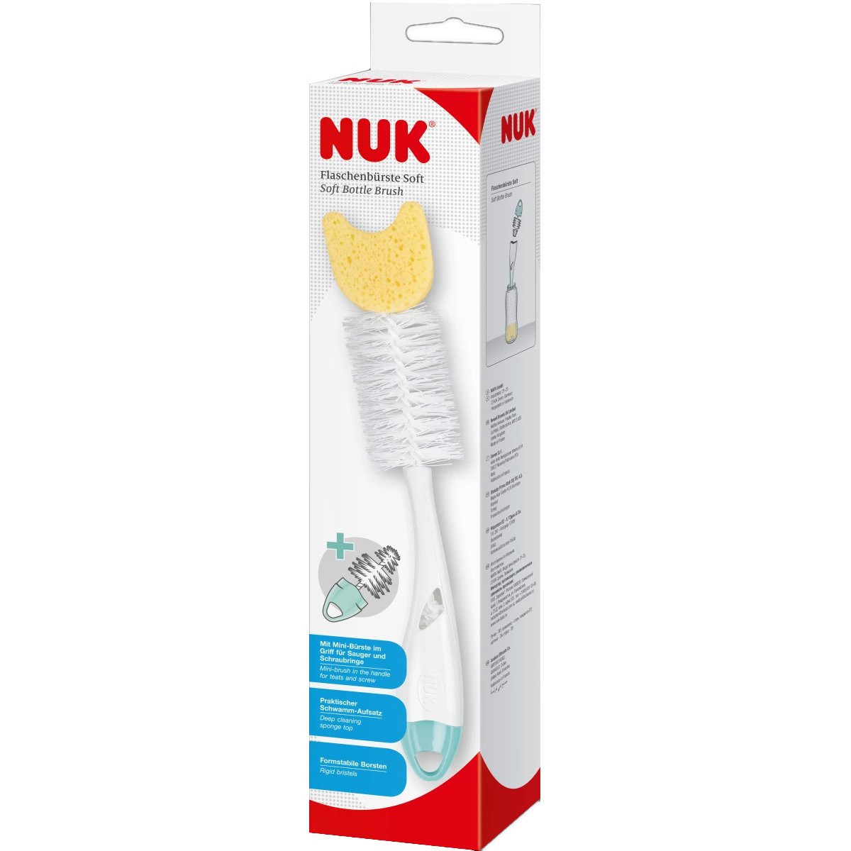 Nuk Soft Bottle Brush 2 in 1 Βούρτσα με Εύκαμπτες - Ανθεκτικές Τρίχες & Συμπληρωματικό Σφουγγαράκι για τον Σχολαστικό Καθαρισμό 1 Τεμάχιο