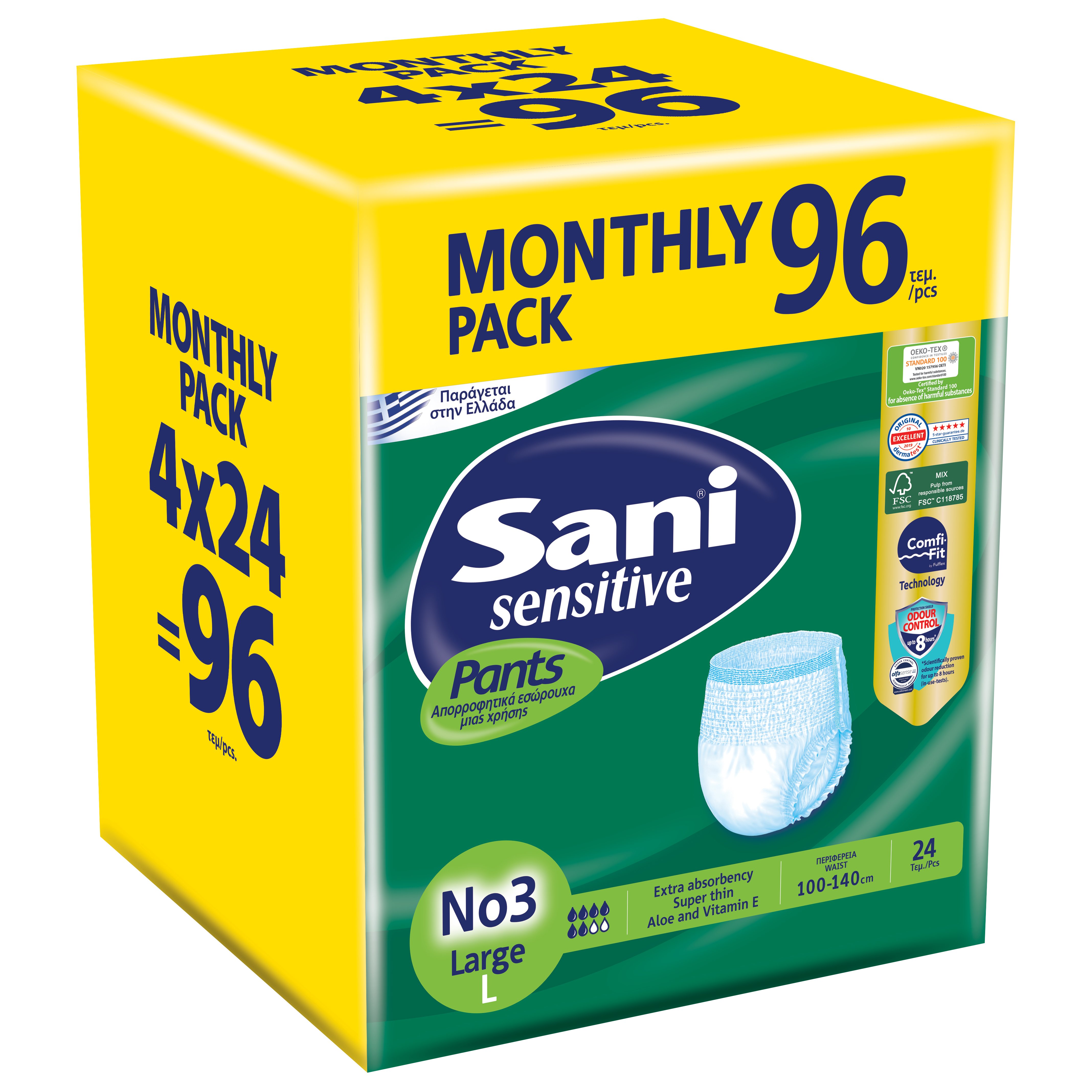 Sani Σετ Sani Sensitive Pants Monthly Pack Ελαστικό Εσώρουχο Ακράτειας 96 Τεμάχια (4x24Τεμάχια) - No3 Large 100-140cm