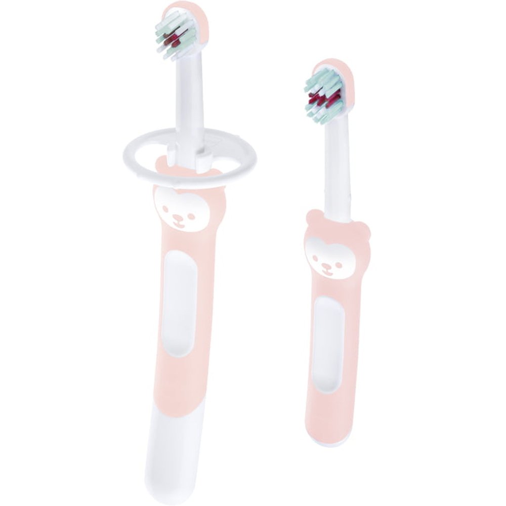 Mam Mam Learn to Brush Set Soft Toothbrush 5m+ Ανοιχτό Ροζ Βρεφική, Εκπαιδευτική Οδοντόβουρτσα με Μαλακές Ίνες & Ασπίδα Προστασίας 2 Τεμάχια, Κωδ 608G