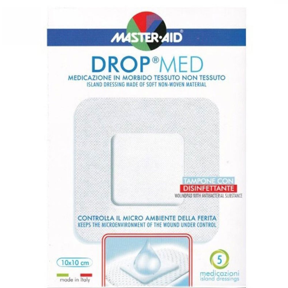 Master Aid Master Aid Drop Med Woundpad with Antibacterial Substance 10x10cm Αυτοκόλλητες, Αντικολλητικές Γάζες Εμποτισμένες με Απολυμαντικό 5 Τεμάχια