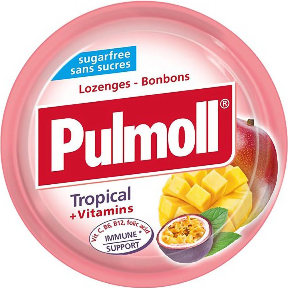 Pulmoll Pulmoll Tropical + Vitamins Candies Καραμέλες με Γεύση Τροπικών Φρούτων & Σύμπλεγμα Βιταμινών για την Καλή Λειτουργία του Ανοσοποιητικού Συστήματος 45g