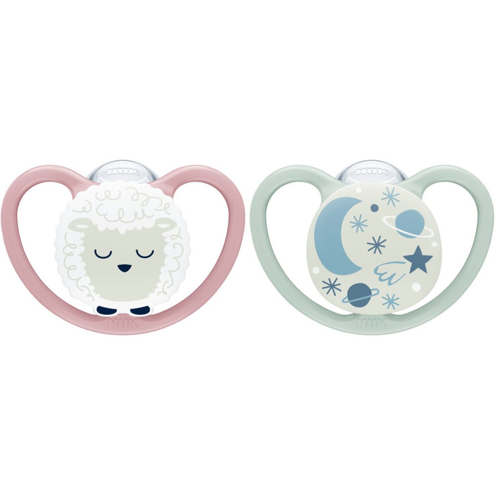 Nuk Nuk Space Night Silicone Soother 18-36m Πιπίλα Σιλικόνης που Λάμπει στο Σκοτάδι, με Σχεδιασμό που Επιτρέπει στην Επιδερμίδα να Αναπνέει 2 Τεμάχια, Κωδ 10739658 - Μωβ / Μέντα 