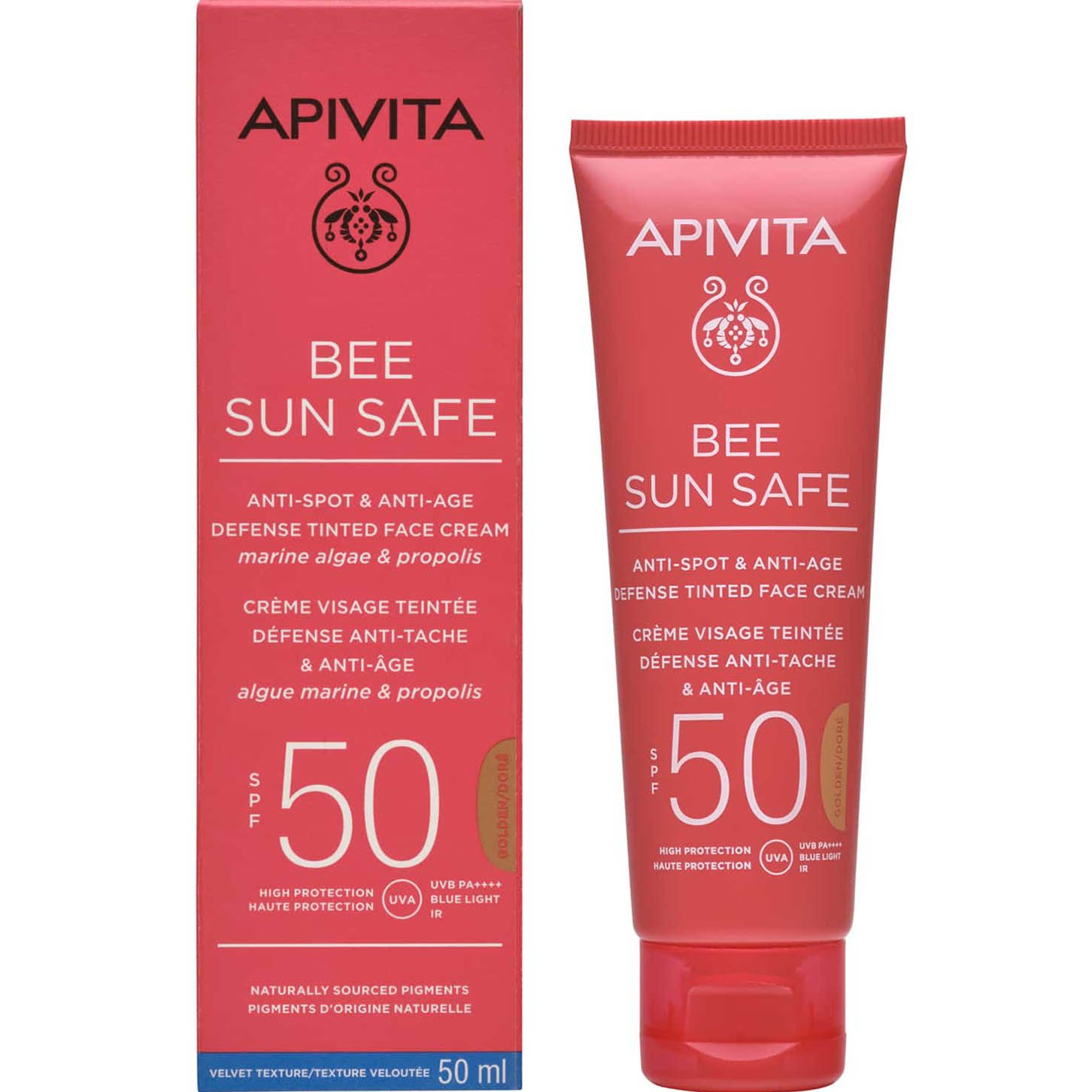 Apivita Apivita Bee Sun Safe Anti-Spot & Anti-Age Defence Face Cream Spf50 Golden Αντηλιακή Κρέμα Προσώπου Κατά των Πανάδων & των Ρυτίδων, Υψηλής Προστασίας με Χρώμα 50ml