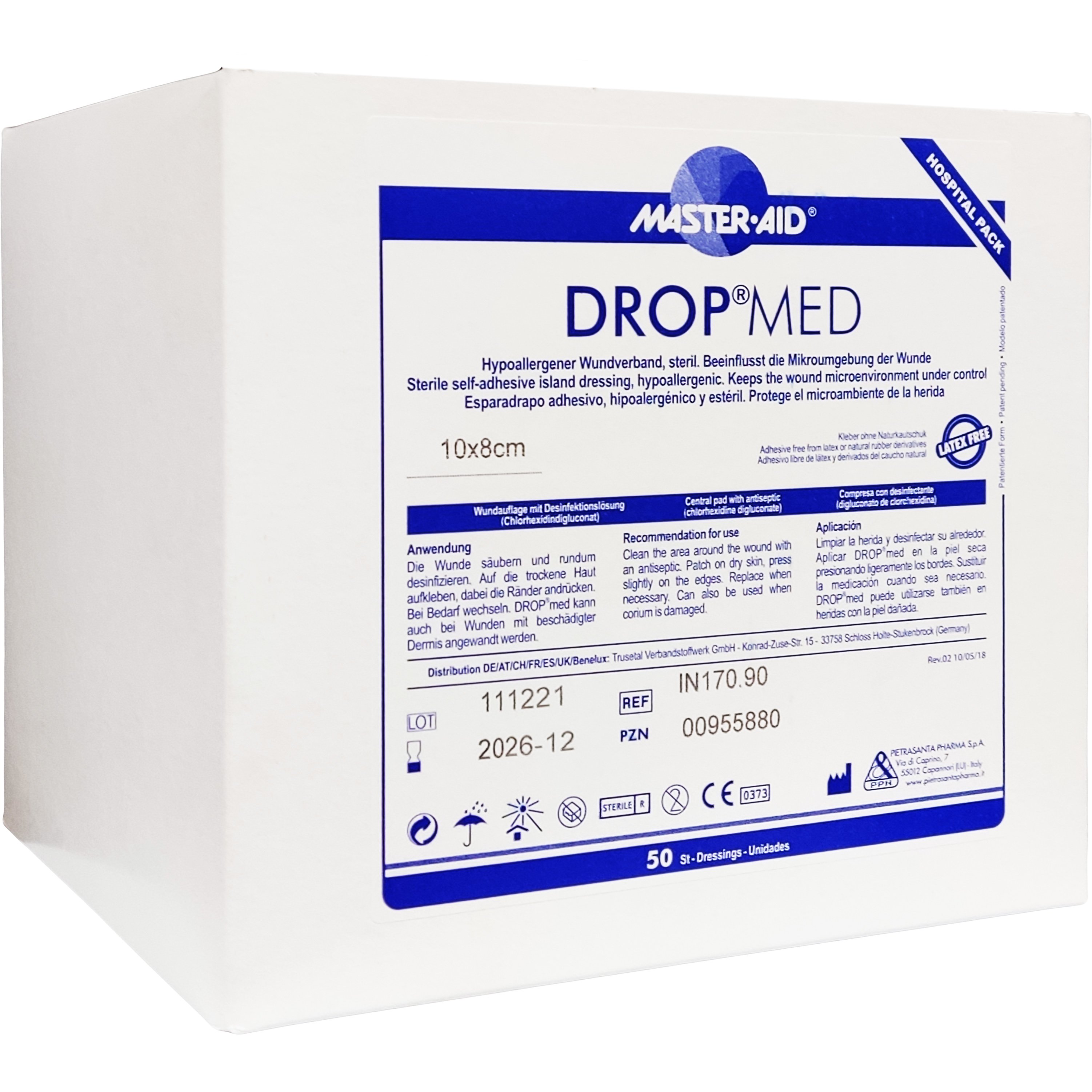 Master Aid Master Aid Drop Med 10cm x 8cm Αυτοκόλλητες Γάζες με Ειδική Αντικολλητική Επιφάνεια 50 Τεμάχια