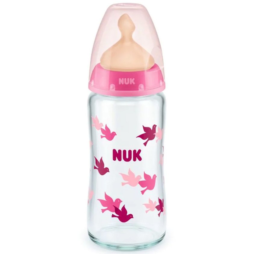 Nuk Nuk First Choice Plus Glass Temperature Control Latex Medium 0-6m Γυάλινο Μπιμπερό με Θηλή Καουτσούκ Κατά των Κολικών & Δείκτη Ελέγχου Θερμοκρασίας από 0 Έως 6 Μηνών 240ml - Ροζ