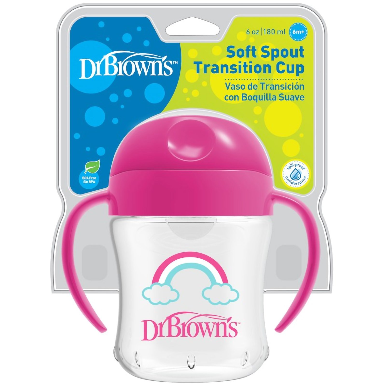 Dr.Brown Dr. Brown's Soft Spout Transition Cup Εκπαιδευτικό Κύπελλο με Λαβές & Μαλακό Στόμιο 6m+, 180ml, Κωδ TC61001 - Ροζ