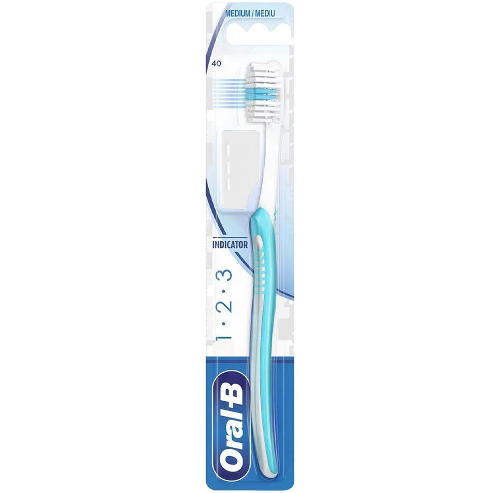 Oral-B 123 Indicator Medium Toothbrush 40mm Χειροκίνητη Οδοντόβουρτσα, Μέτρια 1 Τεμάχιο – Γαλάζιο / Λευκό