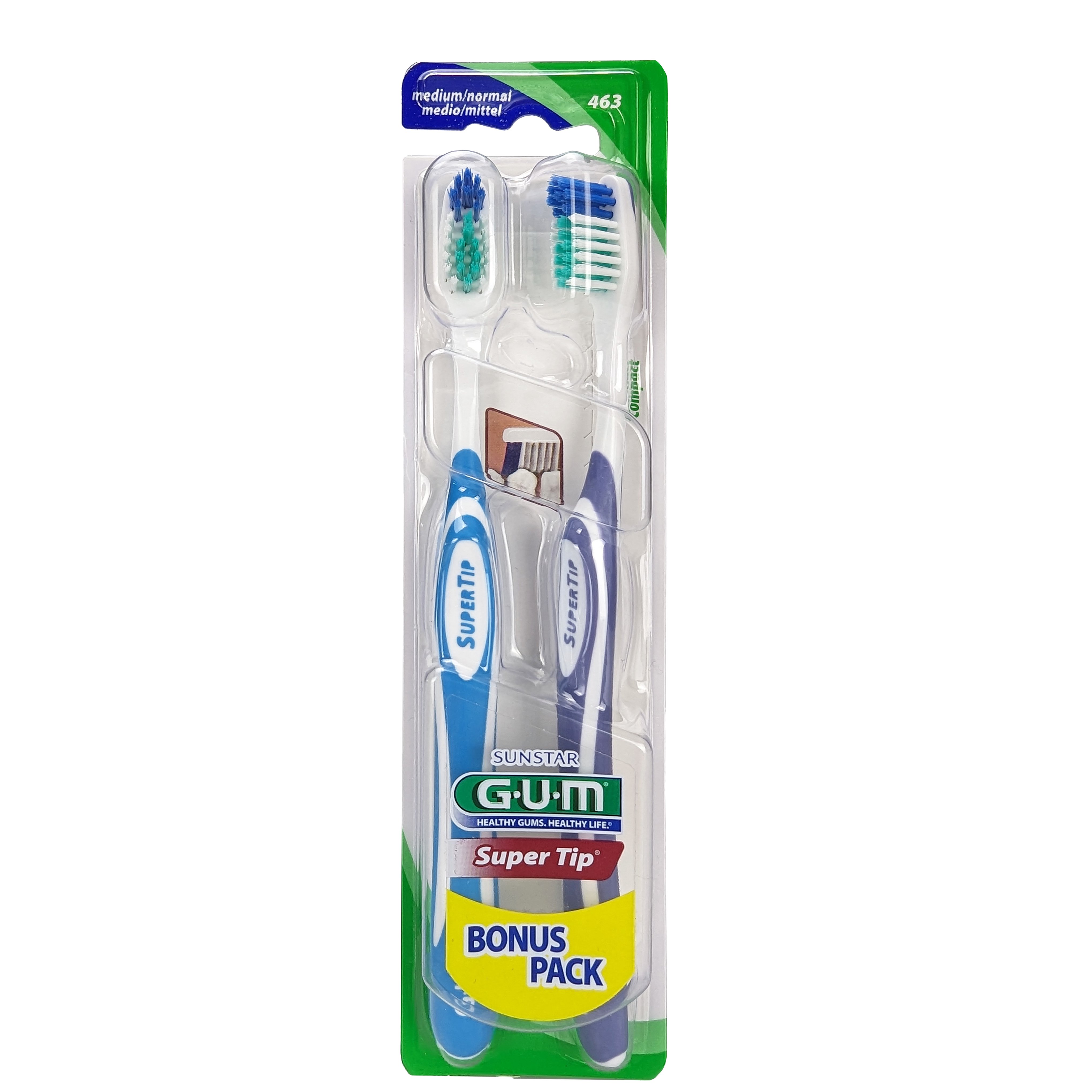 Gum Sunstar Super Tip Bonus Pack Medium / Normal Toothbrush Χειροκίνητη Οδοντόβουρτσα Μέτρια 2 Τεμάχια, Κωδ 463 – Γαλάζιο / Μωβ