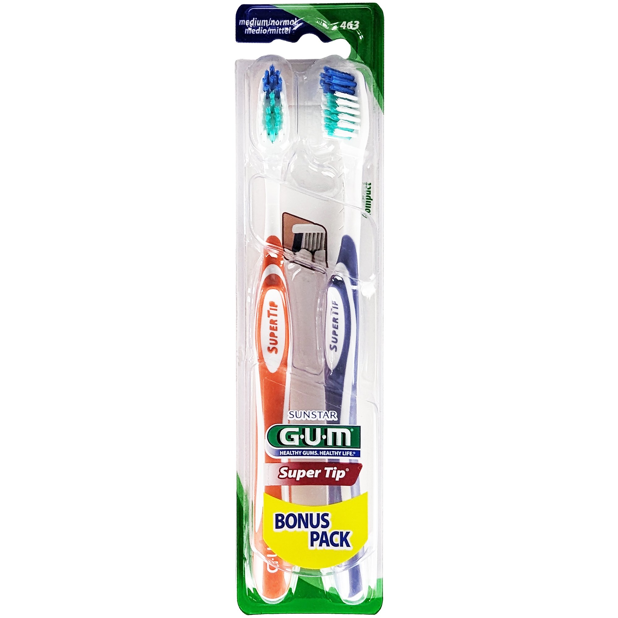 Gum Sunstar Super Tip Bonus Pack Medium / Normal Toothbrush Χειροκίνητη Οδοντόβουρτσα Μέτρια 2 Τεμάχια, Κωδ 463 – Πορτοκαλί / Μωβ