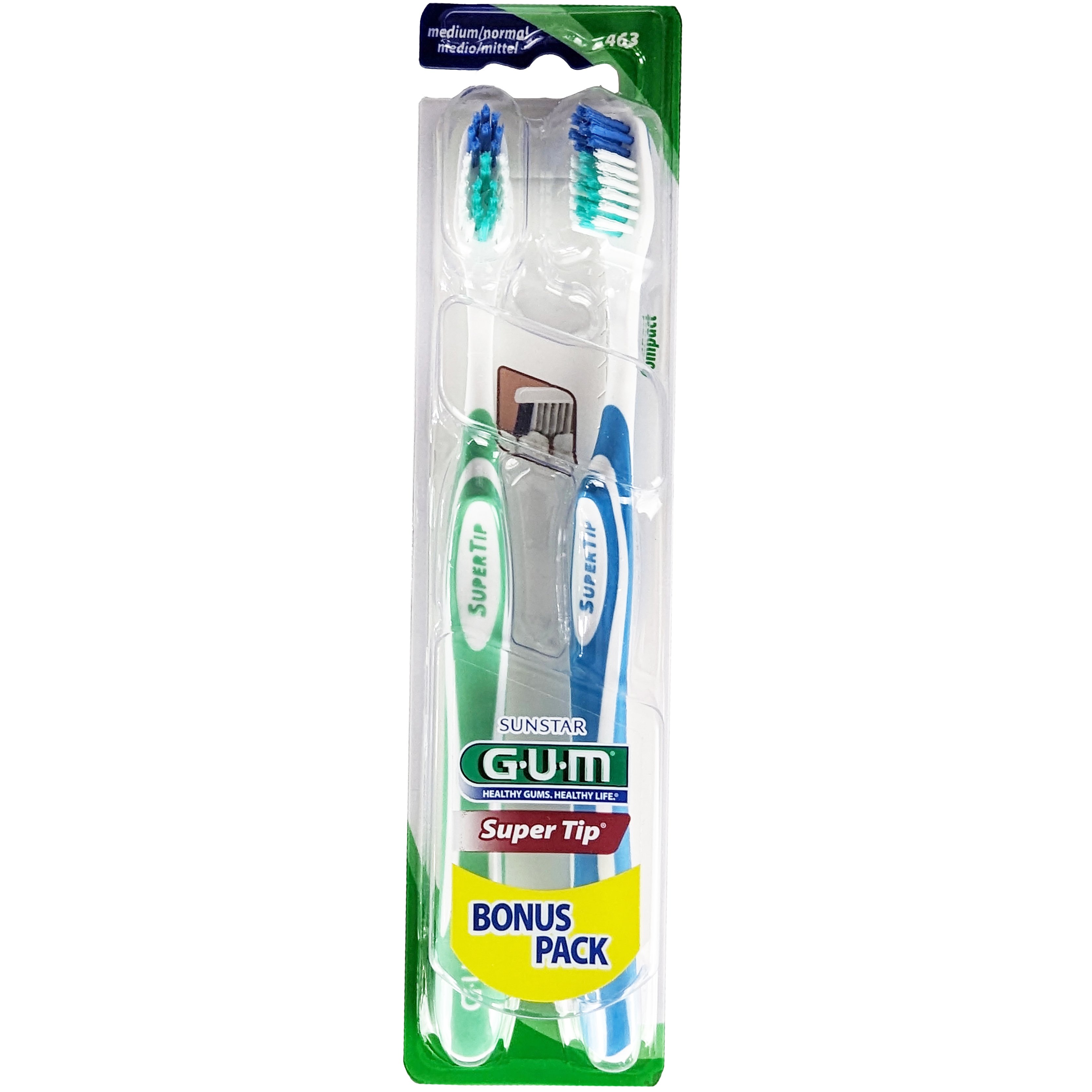 Gum Sunstar Super Tip Bonus Pack Medium / Normal Toothbrush Χειροκίνητη Οδοντόβουρτσα Μέτρια 2 Τεμάχια, Κωδ 463 – Πράσινο / Γαλάζιο