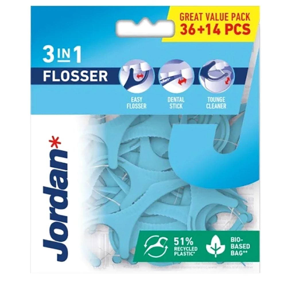 Jordan 3 in 1 flosser Κωδ 310080 Οδοντικό Νήμα με Λαβή σε Γαλάζιο Χρώμα 50 Τεμάχια