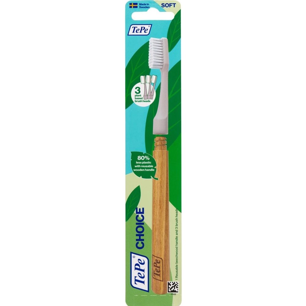 Tepe Choice Soft Toothbrush with Reusable Wooden Handle & Plant Based Brush Heads Μαλακή Οδοντόβουρτσα με Επαναχρησιμοποιήσιμη Ξύλινη Λαβή & 3 Ανταλλακτικές Κεφαλές 1 Τεμάχιο – Γκρι