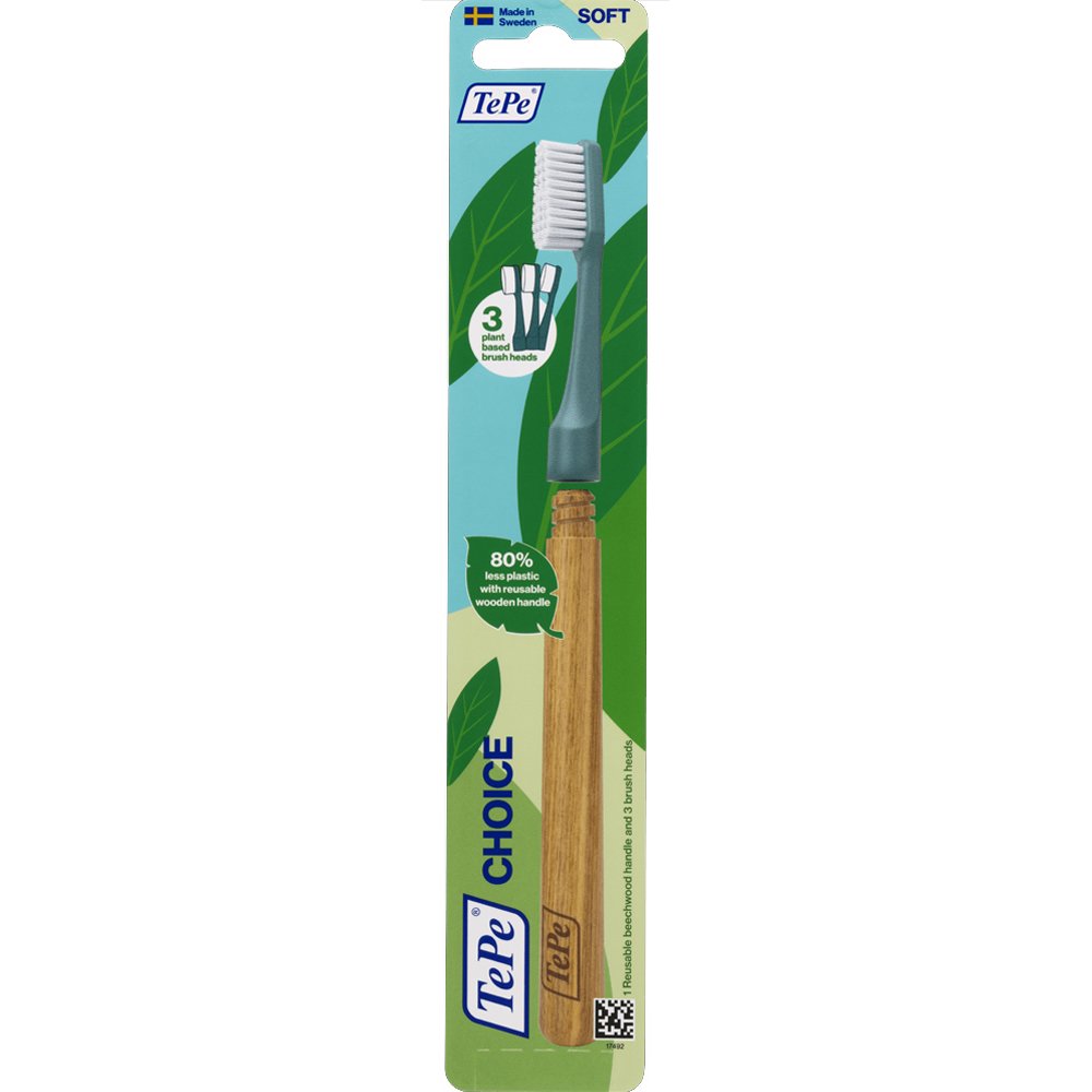 Tepe Choice Soft Toothbrush with Reusable Wooden Handle & Plant Based Brush Heads Μαλακή Οδοντόβουρτσα με Επαναχρησιμοποιήσιμη Ξύλινη Λαβή & 3 Ανταλλακτικές Κεφαλές 1 Τεμάχιο – Πράσινο