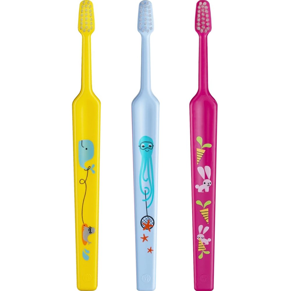 Tepe Tepe Kids Mini Extra Soft Toothbrush 0-3 Years Οδοντόβουρτσα με Μικρή Κωνική Κεφαλή & Πολύ Μαλακές Ίνες Κατάλληλη για τα Πρώτα Δόντια 3 Τεμάχια, Κίτρινο - Γαλάζιο - Φούξια