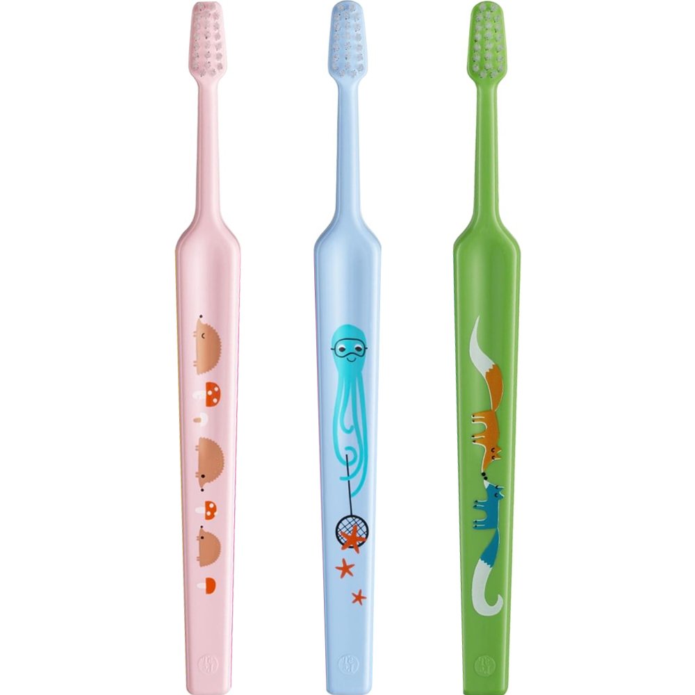 Tepe Tepe Kids Mini Extra Soft Toothbrush 0-3 Years Οδοντόβουρτσα με Μικρή Κωνική Κεφαλή & Πολύ Μαλακές Ίνες Κατάλληλη για τα Πρώτα Δόντια 3 Τεμάχια, Ροζ - Γαλάζιο - Πράσινο