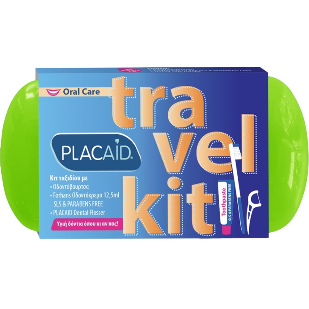 Plac Aid Oral Care Travel Kit Κιτ Ταξιδίου Στοματικής Υγιεινής που Περιλαμβάνει Οδοντόβουρτσα, Οδοντόκρεμα & Οδοντικό Νήμα με Λαβή 1 Τεμάχιο – Πράσινο