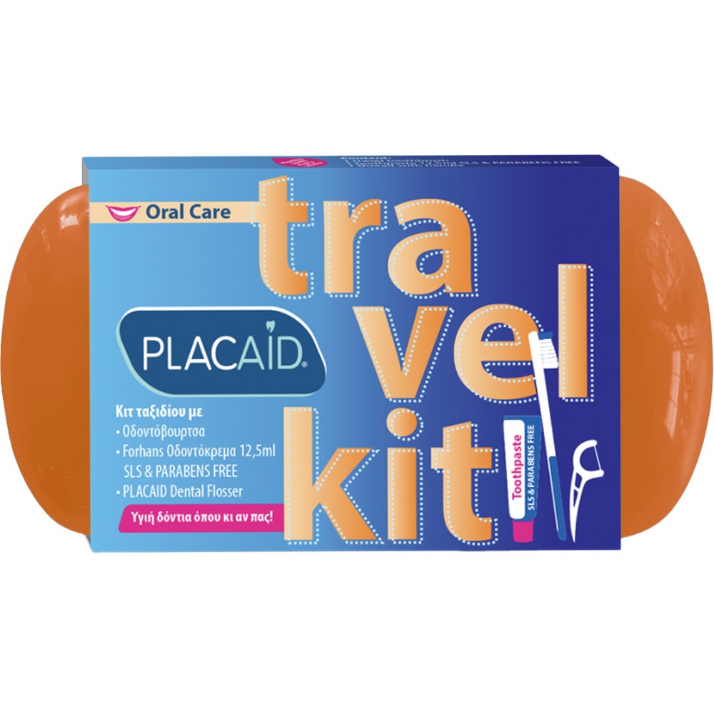 Plac Aid Oral Care Travel Kit Κιτ Ταξιδίου Στοματικής Υγιεινής που Περιλαμβάνει Οδοντόβουρτσα, Οδοντόκρεμα & Οδοντικό Νήμα με Λαβή 1 Τεμάχιο – Πορτοκαλί