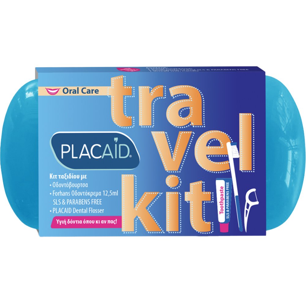 Plac Aid Oral Care Travel Kit Κιτ Ταξιδίου Στοματικής Υγιεινής που Περιλαμβάνει Οδοντόβουρτσα, Οδοντόκρεμα & Οδοντικό Νήμα με Λαβή 1 Τεμάχιο – Μπλε