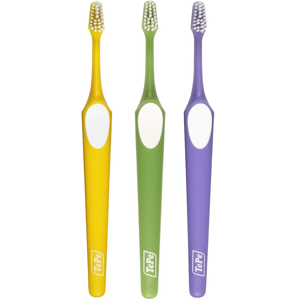 Tepe Supreme Soft Toothbrush Μαλακή Οδοντόβουρτσα που Διαθέτει Εργονομική Λαβή & Ίνες 2 Επιπέδων για Βελτιωμένη Προσπέλαση 3 Τεμάχια, Κίτρινο / Πράσινο / Μωβ