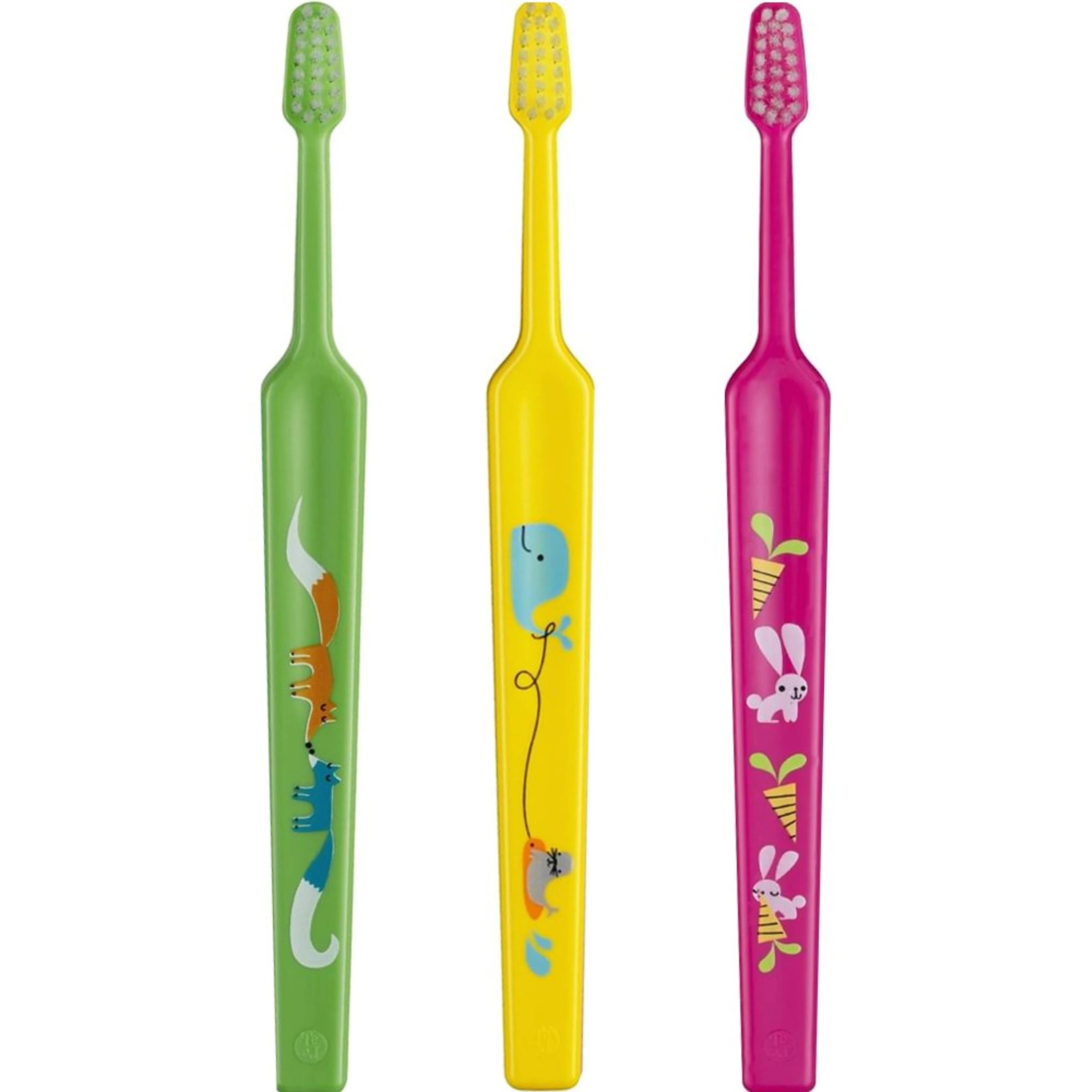 Tepe Kids Mini Extra Soft Toothbrush 0-3 Years Οδοντόβουρτσα με Μικρή Κωνική Κεφαλή & Πολύ Μαλακές Ίνες Κατάλληλη για τα Πρώτα Δόντια 3 Τεμάχια, Πράσινο / Κίτρινο / Φούξια